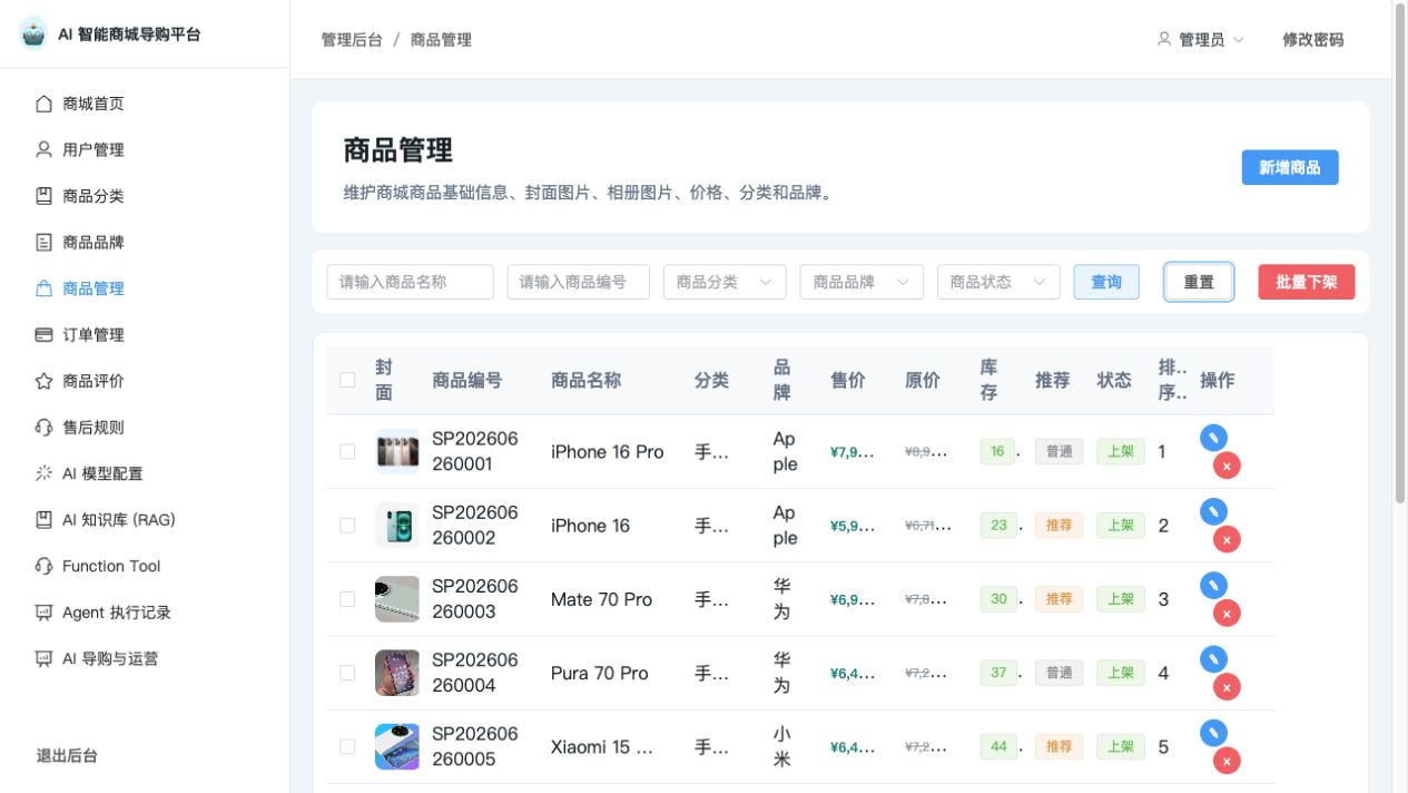 AI 智能商城导购平台商品管理后台界面